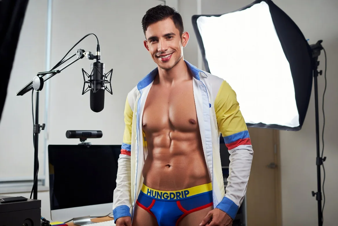 Attractive Colombian creator in a home studio wearing HUNGDRIP underwear
