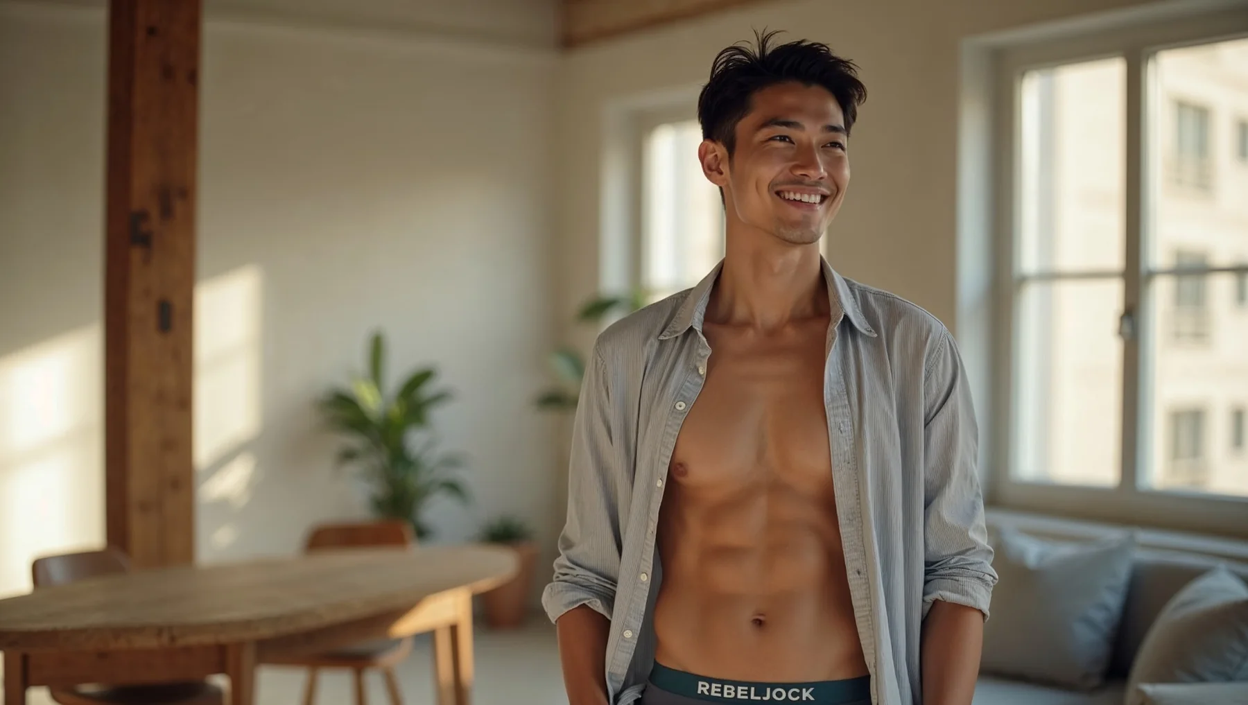 Smiling adult man comfortable in his body