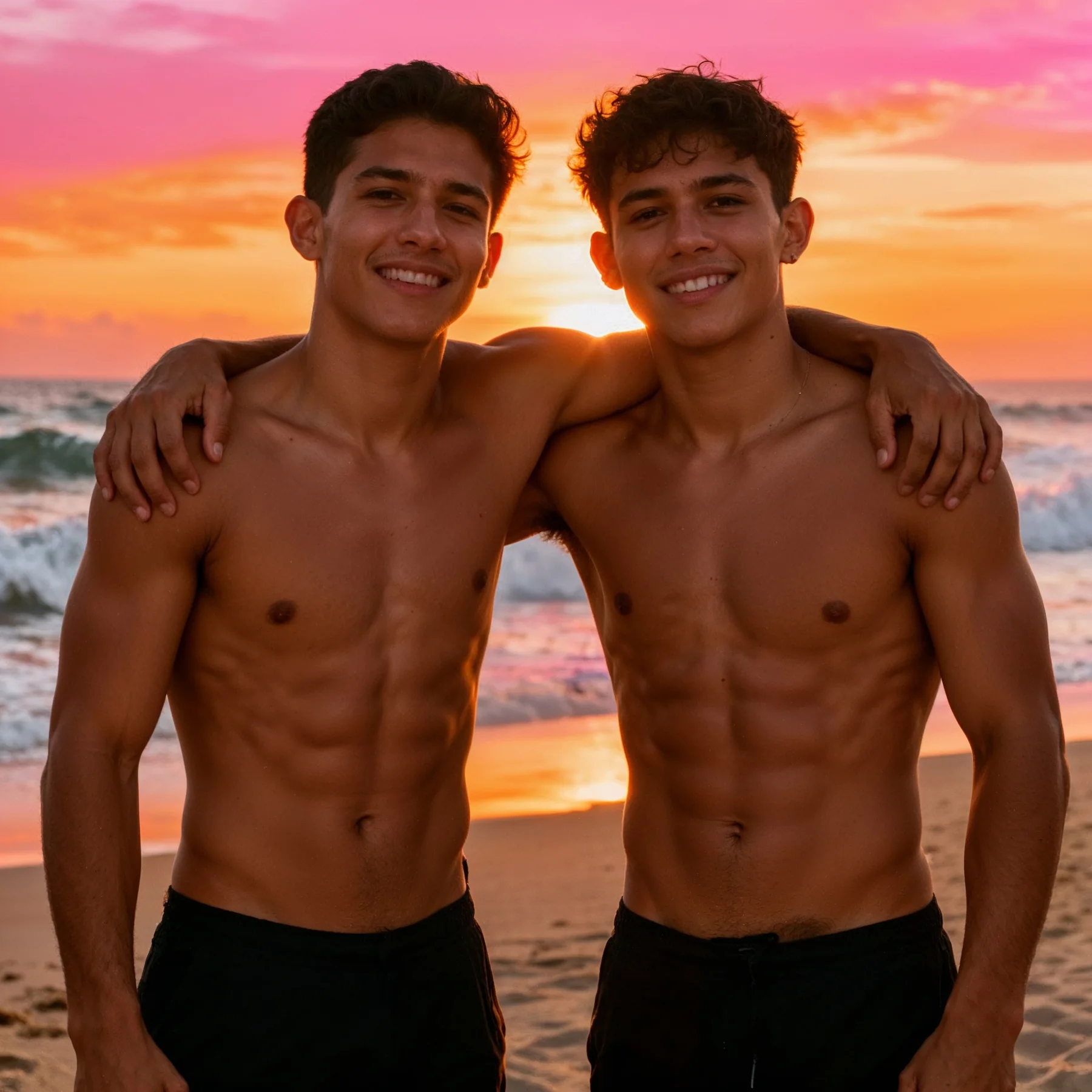Two confident adult Latino men together at sunset