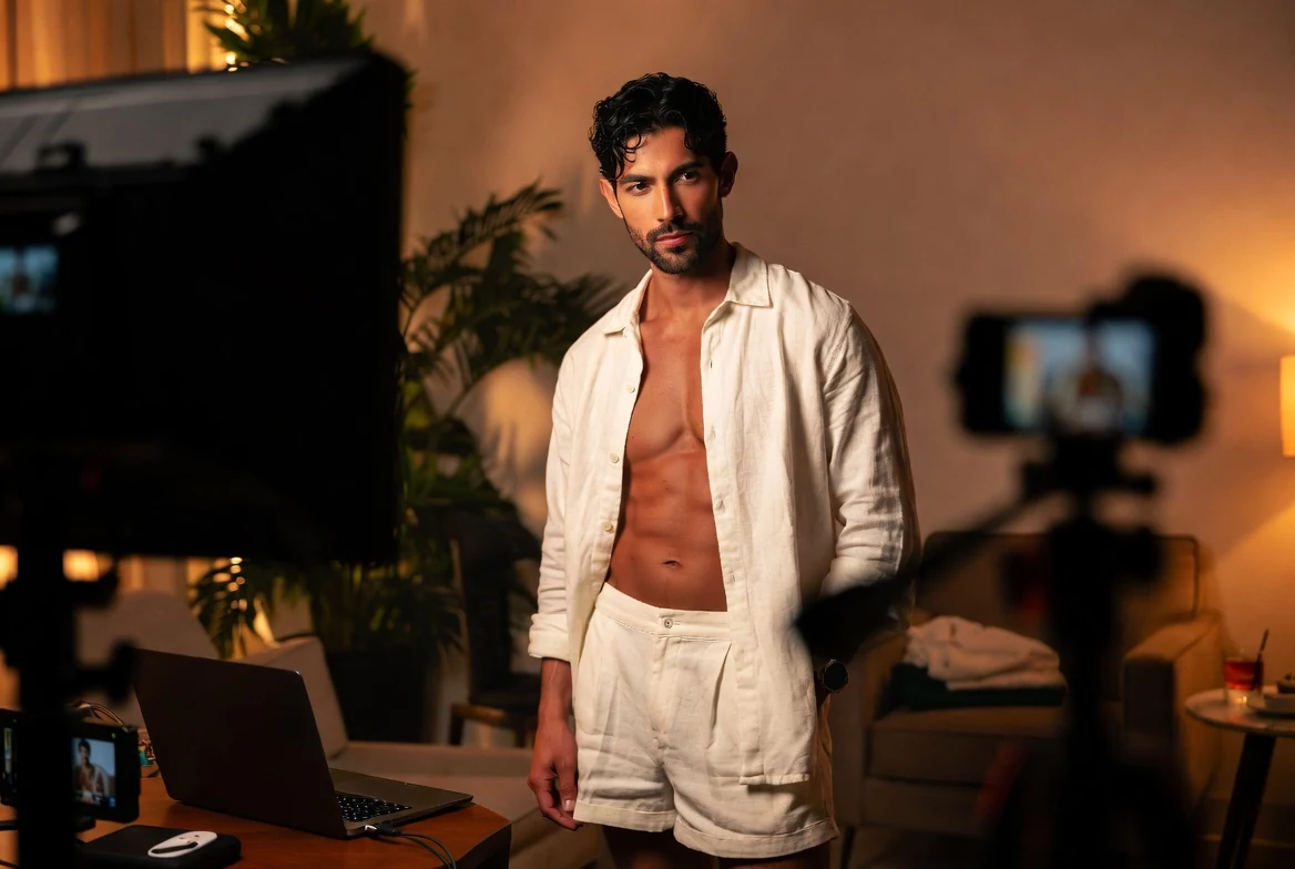 Adult Latino performer preparing cameras and a laptop in a warm room