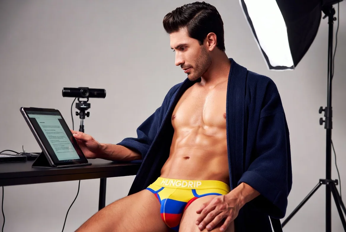 Attractive Colombian creator wearing HUNGDRIP underwear while reviewing terms on a tablet